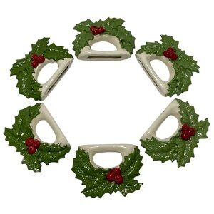 Vintage Christmas Porcelain Holly Berry Napkin Rings Holiday Dining Set of 6